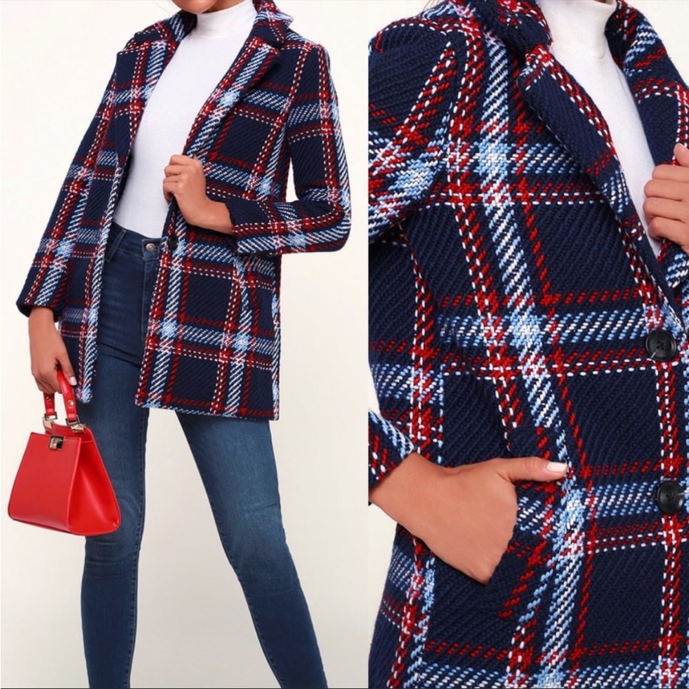 NWOT English Factory Clement Navy Blue Red Plaid Knit Coat Medium